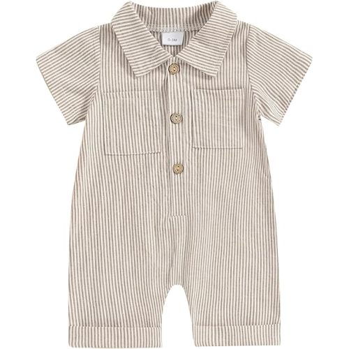 Baby Boy Vertical Striped Romper with Pockets One Piece Lapel Neck Short Sleeve Buttons Jumpsuit Spring Summer