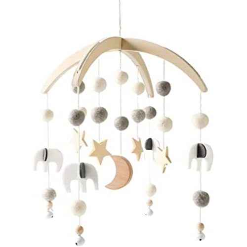 Baby Mobile for Crib, Wooden Baby Crib Mobile with Felt Ball Decor, Baby Crib Nursery Mobile Star Moon for Baby Boys and Girls, Boho Hanging Decor Baby Bed Bell Crib Rattle Hanging Wind Chime Gray