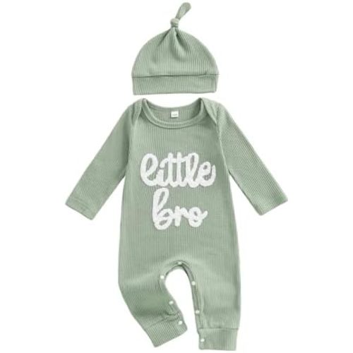 Yoawdats Newborn Little Brother Romper Baby Boy Waffle Knit Outfit With Hat Spring Summer Fall Winter Infant Clothes Set