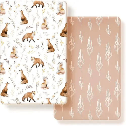 GRSSDER Stretchy Ultra Soft Jersey Knit Fitted Pack n Play Sheets Set 2 Pack, Universal Fit Portable/Mini Crib, Playards Mattress Pads Safe and Snug, Pretty Fox for Baby Girls