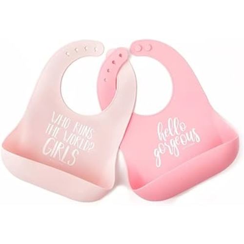 Baby Bib for Eating by Bella Tunno, Set of 2 Waterproof Silicone Bibs with Large Food Catcher, Adjustable Fit for Babies 4-12 months & Toddlers 1-3 Years, Boys & Girls, Who Runs The World & Gorgeous