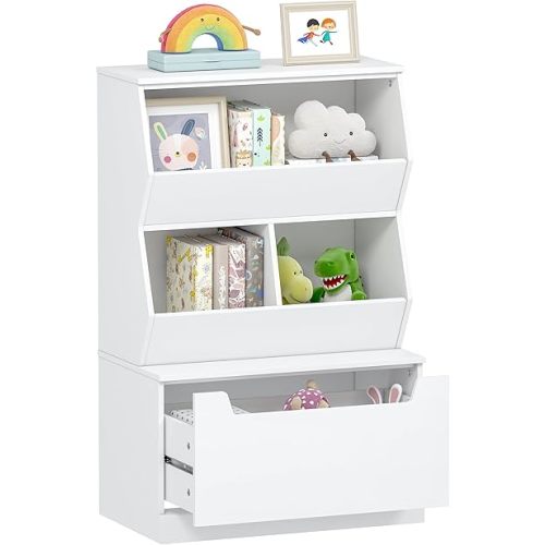 UTEX Kids Toy Storage Organizer, Bookshelf for Kids and Bookcase with Drawer, Children Open Storage Cubby for Kids Room Playroom Nursery White