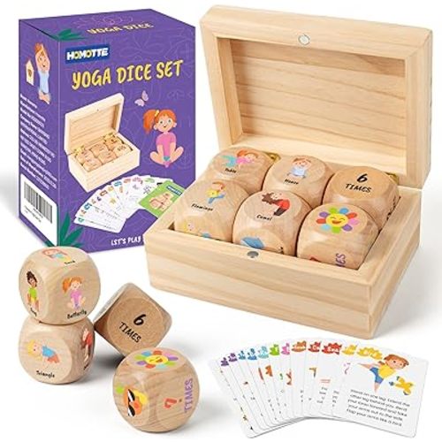 Wooden Yoga Dice Set for Kids, Fun Workout Game with 6 Exercise Dice, 12 Yoga Cards & A Box, Mindfulness Mother's Day Christmas Yoga Set for Girls & Beginners