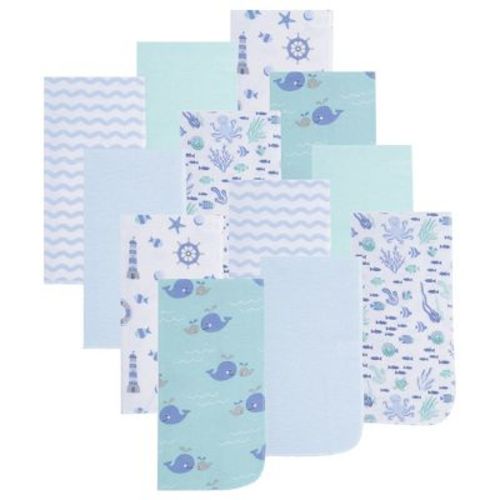 Everyday Kids Baby Boy Burp Cloths – 12 Pack Large Cotton Flannel Burping Cloths for Newborns, 20 x 14.5 Inches, Ocean, Boats, Whales, Blue and Teal