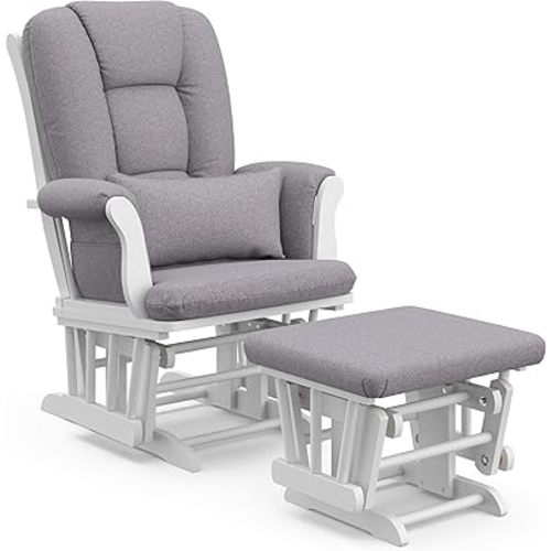 Storkcraft Tuscany Custom Glider and Ottoman with Free Lumbar Pillow (White/Slate Gray Swirl) - Cleanable Upholstered Comfort Rocking Nursery Chair with Ottoman