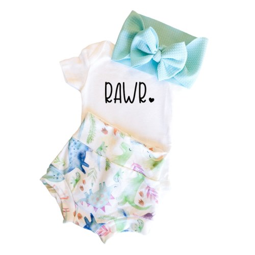 Dino Bummies Set, Dinosaur Rawr Baby Girl Bummies and Bow Outfit, Newborn Baby girl Coming Home Outfit