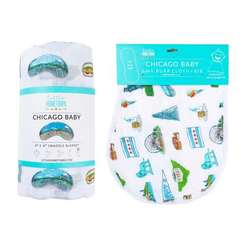 Gift Set: Chicago Baby Muslin Swaddle Blanket and Burp Cloth/Bib Combo – Little Hometown