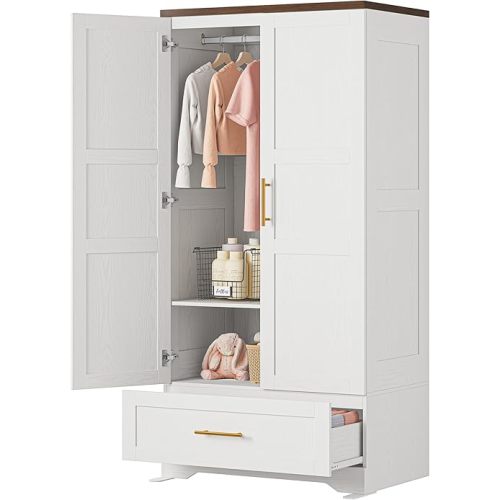 IRONCK Wooden Armoire Wardrobe Closet with Drawer and Doors, 71" Tall Wood Armoire with Hanging Rod and Shelves, Freestanding Wardrobe Cabinet for Bedroom