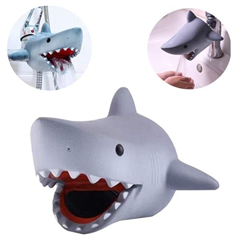 Children’s Faucet Extender Bath Spout Cover for Baby: Sink Extension Hand Washing - Kids Toddler Bathroom Bathtub Fun & Safety - Child Kitchen Accessories (Grey Shark) - grey shark