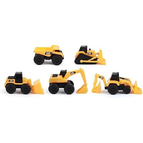 CAT Construction Toys, Little Machines 5pk Truck Toy Set, Includes Dump Truck, Front Loader, Bulldozer, Backhoe, and Excavator Vehicles with Moving Parts, Cake Toppers Ages 3+
