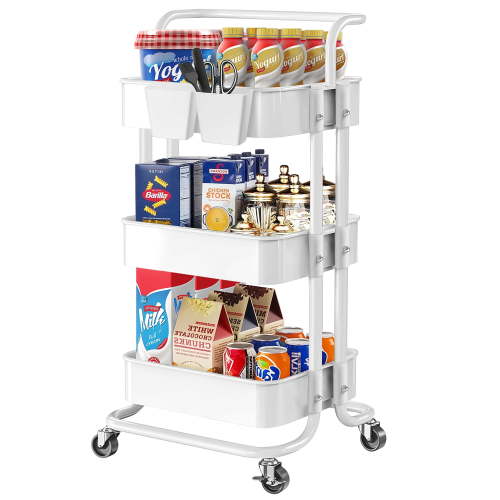 Riousery 3-Tier Utility Rolling Cart with Wheels, Multi-Functional Storage Trolley, Storage Organizer Cart, White