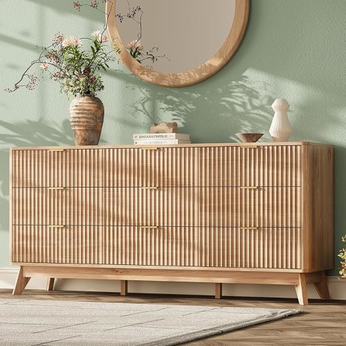 63'' Wide 9 Drawers Dresser for Bedroom,Modern Fluted Vertical Chest with Rounded Corners,Fluted Dresser for Living Room,Hallway, Natural Wood