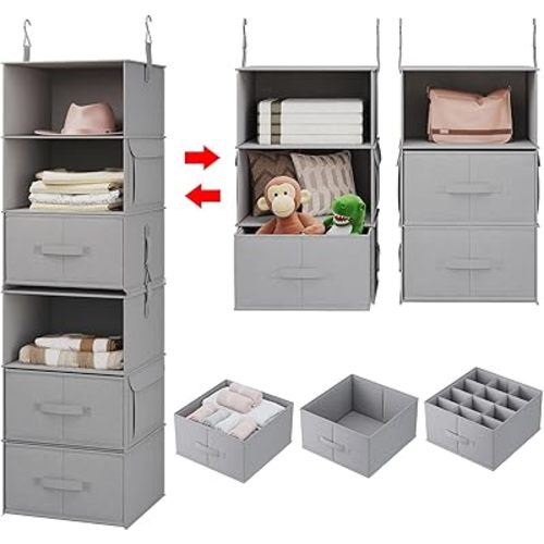 Vailando 6-Tier Hanging Shelves for Closet, Two 3-Shelf Hanging Closet Organizer w/ 4 Side Pockets and 3 Drawers, Combinable for Dorm Wardrobe Organizer and RV Storage and Organization
