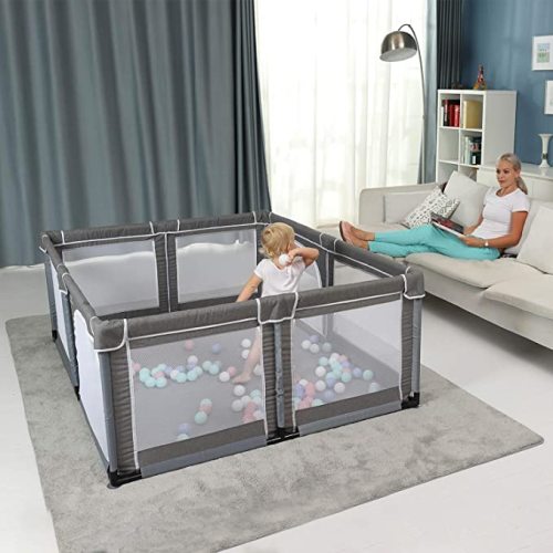 YOBEST Baby Playpen, Extra Large Play Pens for Toddlers, Babys Fence Play Area, Indoor & Outdoor Playard for Babies Kids Activity Center with Gate, Sturdy Safety Play Yard with Soft Breathable Mesh - Grey