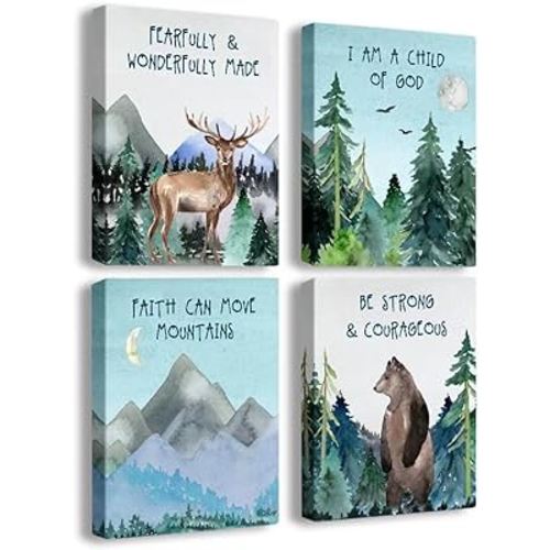 Forest Animals Bible Verse Canvas Wall Art ， Inspirational Quote Wall Art， suitable for Kids Room,Playroom Nursery Decor | 4-pack(29 x 38 cm) Framed B