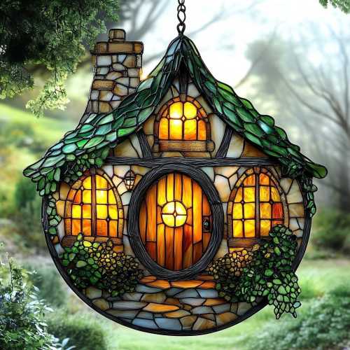 Hobbit House Acrylic Suncatcher, Faux Stained Glass Hobbit House The Shire Window Art, Fantasy Cottagecore Decor for LOTR Fans