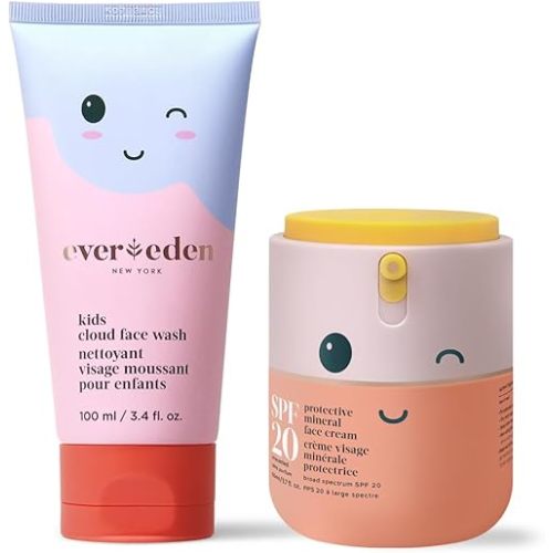 Kids Happy Morning DUO: Clean & Vegan Skin Care for Kids Bundle | Kids Skin Care Cloud Face Wash + SPF 20 Mineral Face Cream | Non-Toxic | Non-Comedogenic | Fun | Easy-to-Use Skincare for Kids