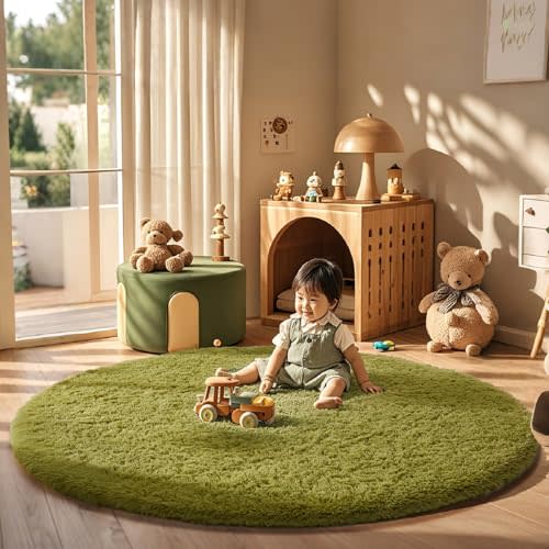 Ophanie Round Rug 6Ft Green Circle Area Rug, Green Room Decor, Fluffy Fuzzy Bedroom Carpet, Plush Soft Shaggy Living Room Rugs for Kids Home Decor Aesthetic, Nursery
