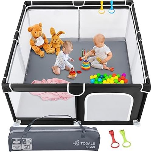Todale Baby Play Pen - 50 x 50 x 27 in, Black - Portable Foldable Play Pen for Babies & Toddlers with Anti-Slip Base & Breathable Mesh Panels