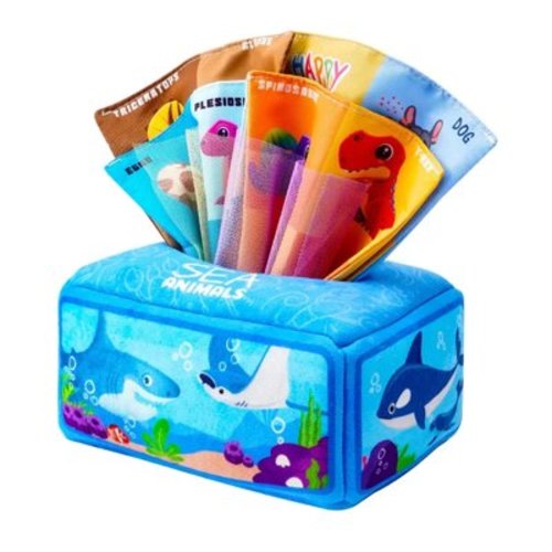 Baby Tissue Box Toy, Montessori Toys for Babies 6-12 Months, Soft Baby Toys Magic Tissue Box with Crinkle Paper & Rainbow Scarves, Infant Baby Sensory Toys Early Learning Developmental Toys Gift