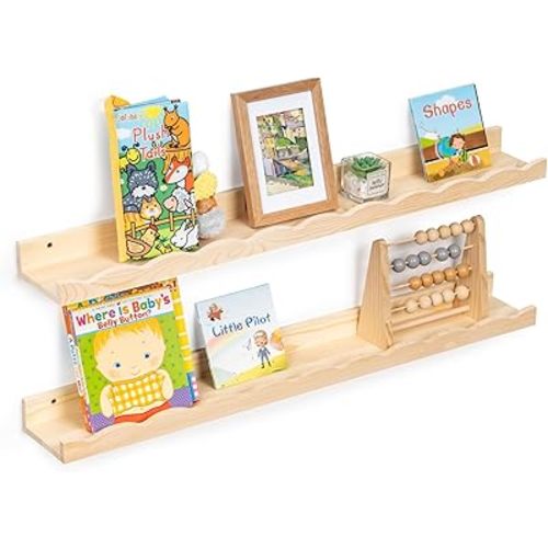 Fun Memories Picture Ledge Shelf for Wall, 36 inch Pine Wood Nursery Book Shelves Set of 2- Wall Book Shelves for Kids Room, Home Decor - Kitchen Spice-Natural