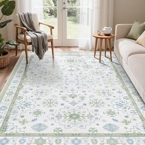GENIMO 5x7 Area Rugs for Living Room,Machine Washable Non-Slip Vintage Rug, Low Pile Lightweight Carpet for Bedroom, Dining Room, Home Office, Stain & Fade Resistant,Creamgreen