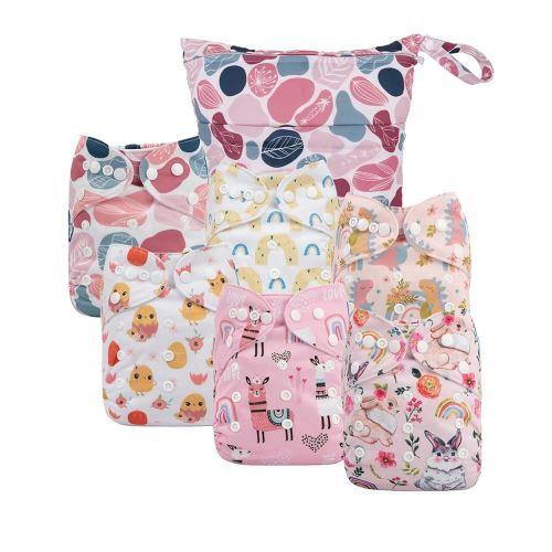 babygoal Cloth Diaper Covers 6 Pack with Wet Bag for Fitted Diapers and Prefolds with Double Gussets, Adjustable and Reusable for Baby Girls 6DCF15-B