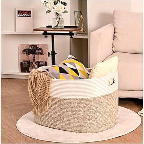 Extra Large Blanket Basket Living Room, Rectangle Storage Basket, Large Woven Cotton Rope Baskets for Storage Toys, Clothes, Shoes, 25”x16”x16”, Off White & Brown, 108L