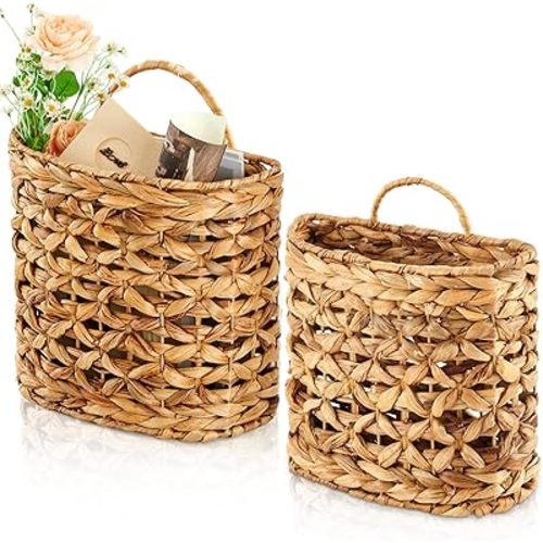 Chunful 2 Pcs Water Hyacinth Hanging Wicker Basket, Natural Wicker Decorative Baskets, Handmade Woven Storage Organizer for House Garden Wedding Wall Decorations, Large & Small Size(Hollow-out)