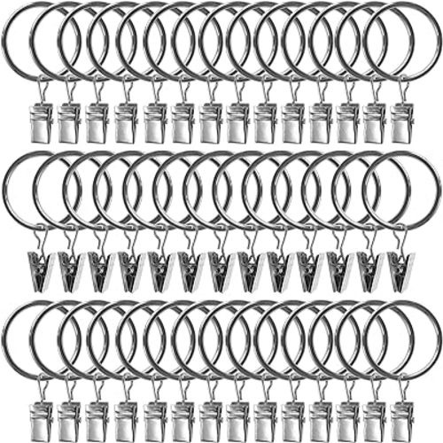 40 Pack Curtain Rings with Clips, Drapery Clips with Rings, Drapes Rings 1.26 in Interior Diameter, Fits up to 1 Inch Curtain Rod, Silver