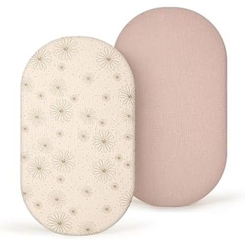 lulumoon Muslin Bassinet Sheets Baby: Cotton Bassinet Sheets Fitted for Boys and Girls - Bassinet Sheets for Oval Rectangle or Hourglass Mattress(Sand Daisy)