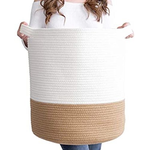 Minware Large Blanket Basket, 100% Cotton Rope Basket 18” x 16”, Decorative Blanket Basket for Living Room, Blanket Storage Wicker Basket, Woven Basket for Blankets, Toy Basket - Beige/White