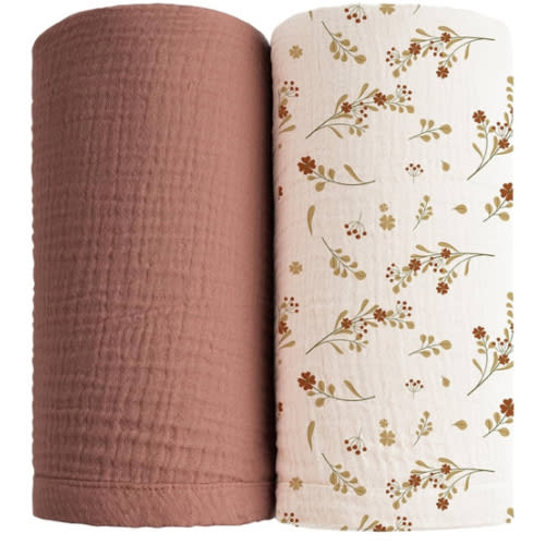 Konssy 2 Pack Muslin Swaddle Blankets for Baby Boys Girls, Receiving Blanket Large 47 x 47 inches, Soft Breathable Muslin Baby Blanket for Unisex Newborn(Chestnut, Posy)