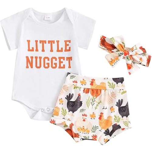 Western Infant Baby Girl Outfit Short Sleeve Rooster/Horse Print Romper Shorts Headband Set Summer Country Clothes