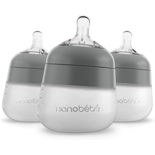 Nanobebe Flexy Silicone Baby Bottle, Anti-Colic, Natural Feel, Non-Collapsing Nipple, Non-Tip Stable Base, Easy to Clean 3-Pack, Gray, 5 oz