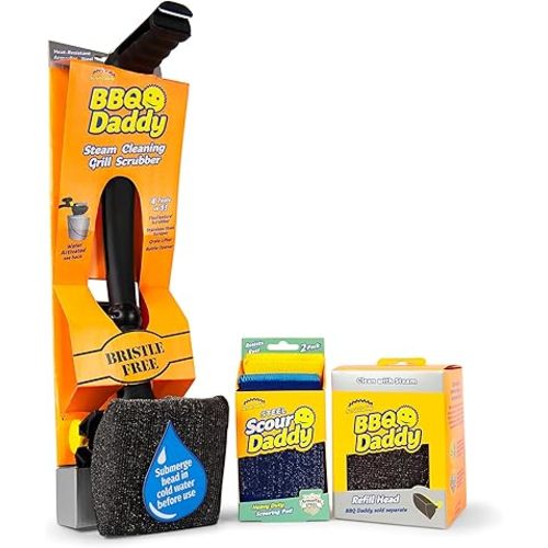 Scrub Daddy BBQ Grill Cleaner Kit - Bristle Free Grill Brush with Refill + Scour Daddy Steel Sponge - Temperature-Controlled Tools - Cut Through Charred Buildup (4 Count)