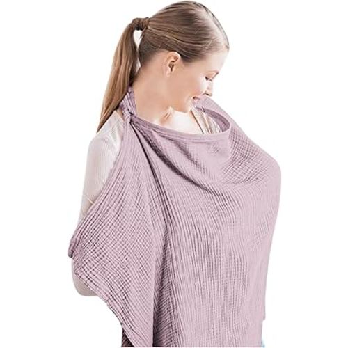 Konssy Muslin Nursing Cover for Baby Breastfeeding, Breathable 100% Cotton Breastfeeding Cover with Rigid Hoop for Mother Nursing Apron, Multi-use Carseat Canopy (Purple)