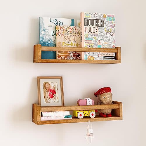 Heimlove Nursery Shelves, Natural Solid Wood Wall Floating Shelves - Wall Book Shelves for Kids Room, Bedroom, Kitchen, Bathroom Decor (Carbonized, 16inch - 2P)