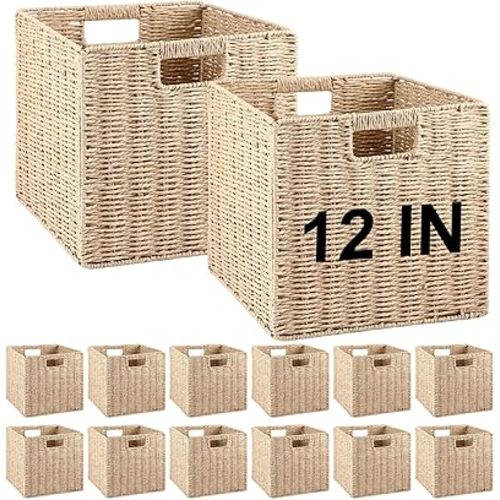 Vesici 12 Pcs Wicker Baskets Storage Foldable Large Woven Wicker Basket with Handles for Organizer Shelves Pantry Living Room (Beige,12 Inch)
