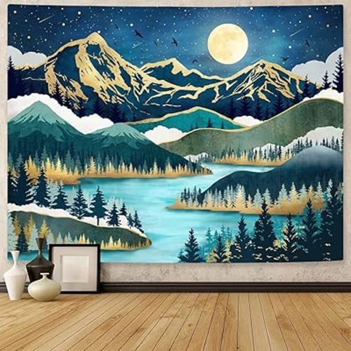 Neasow Mountain Moon Tapestry, Nature Forest Tree Lake Landscape Tapestries Star Starry Night Teal Blue Wall Decor for Home Bedroom 36×48 inch