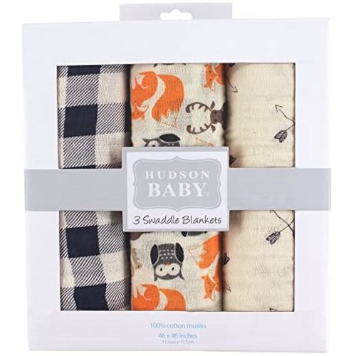 Hudson Baby Unisex Baby Cotton Muslin Swaddle Blankets, Forest 3-Pack, One Size
