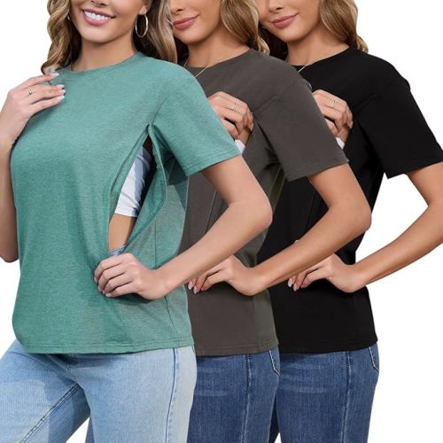 Liu & Qu 3-Pack Breastfeeding Shirts for Women with Hidden Zippers Short Sleeve Maternity Nursing Tops