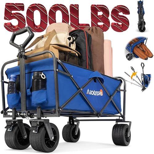 Heavy Duty 500lbs Capacity Collapsible Wagon - Beach Wagon with Big All-Terrain Wheels for Sand - Beach Cart with Rebound Handle & Drink Holders - Utility Wagon Cart for Garden Camping Outdoor