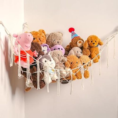 Stuffed Animals Hammock Corner Hanging Net Macrame Stuffed Animal Storage Plush Toy Holder Toy Organizer for Boho Nursery Playroom Bedroom Kids Room (cream, Large)