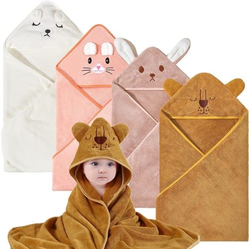 Baby Bath Towel with Hooded 4Pack Absorbent Soft Hooded Towel for Newborns Unisex 31.5x31.5 in Bath Towel Set Gift for Babies, Infant, Newborn Essential - Yellow Lion+orange Cat+pink Rabbit+white Bear