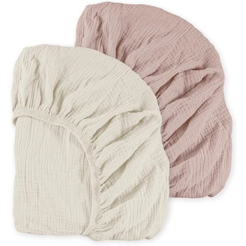 Muslin Mini Crib Sheets, 2 Pack for Baby Boy and Girl, Soft Breathable Stretchy Baby Pack N Play Mattress and Mini Cribs Sheet, Universal Fitted Portable/Mini Crib Mattresses (Gentle Colors)