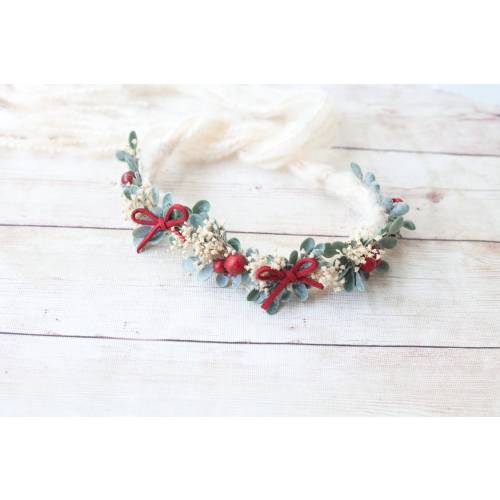 Elowyn suede red simple bow evergreen berries floral wreath christmas halo newborn flower crown tieback