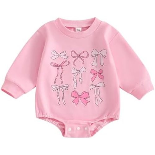 Chloefairy Newborn Baby Girl Bubble Romper Bow Print Onesie Long Sleeve Sweatshirt Romper Bodysuit Infant Fall Outfit
