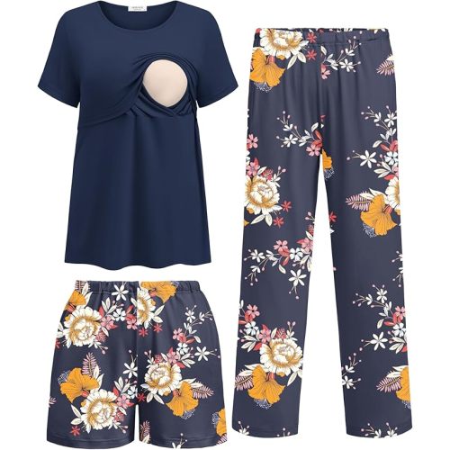 Ekouaer 3 Piece Postpartum Nursing Pajamas Set Short Sleeve Breastfeeding Shirts Pregnancy Shorts & Pants Maternity Pjs