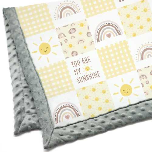You are a Sunshine Baby Blanket, Sunshine Baby Shower Gift, Personalize with a Name, Nursery Décor, Boho Rainbow Minky Patchwork,Yellow, Tan
